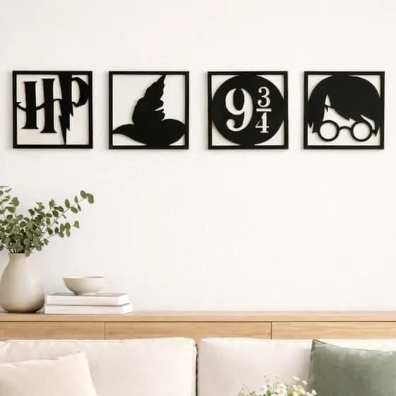 Kit 4 Quadros Harry Decorativo em MDF Preto 3mm Vazado Decoração de Casa Quarto