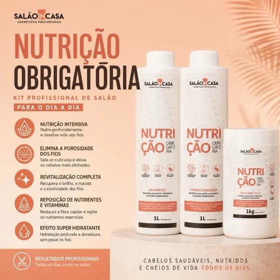 Kit Profissional Nutrição Capilar 3 Passos 1L + 1Kg | Nutrição Intensa, Brilho e Maciez | Salão In Casa
