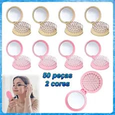 50 Peças Mini Escova de Cabelo Dobrável Com Espelho–13,7x7cm,Circular,Cerdas de Borracha,para Bolsa e Viagem,Rosa/Marrom