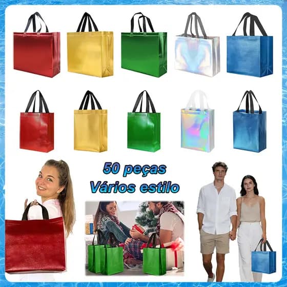 Pacote com 50 sacos reutilizáveis não tecidos – para Compras e Presentes, Com Alças, Fortes, Vários estilos