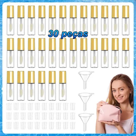 30 peças Mini tubo de brilho labial de 1,2 ml Ouro com aplicador – Tampa de Borracha, Inclui 3 Funis, para DIY