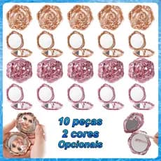 Kit 10 Espelho Portátil Rosa Flor 6,3cm – Formato Rosa 3D, Dupla Face, Acabamento Metálico, Rosa Gold/Rosa