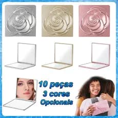 Kit 10 Espelho Portátil Rosa Flor Quadrado 7,2cm – Formato Rosa 3D, Dupla Face, Metal Eletrogalvanizado