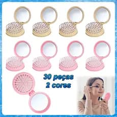 30 Peças Mini Escova de Cabelo Dobrável Com Espelho–13,7x7cm,Circular,Cerdas de Borracha,para Bolsa e Viagem,Rosa/Marrom