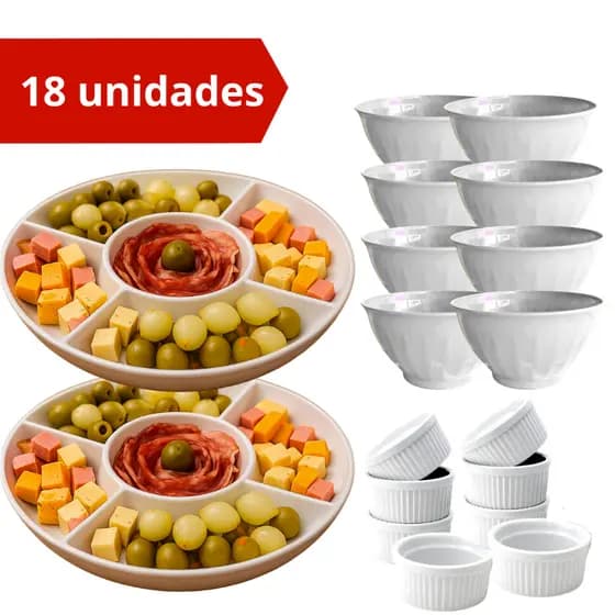 Kit Petisqueira Redonda + Ramekin + Bowl para Servir Aperitivos Amendoim Frios Ramequim Remequim