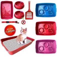 Conjunto Caixa de Areia Higiênica para Gatos Pazinha Comedouro Bebedouro Coleira