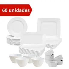Kit 60 Peças Prato Quadrado e Redondos + Bandeja de Espetinho + Bowl + Ramekin Ramequim Reutilizável
