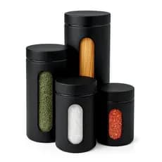 Kit 4 Potes Mantimentos Condimentos Com Visor De Vidro Inox