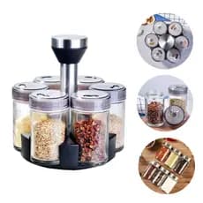 Porta Tempero E Condimentos Giratório Com 6 Potes De Vidro Aço Inox Para Cozinha