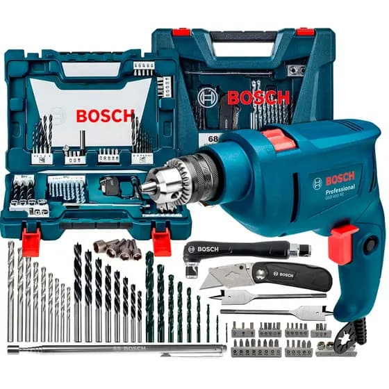 Kit Furadeira Industrial Impacto 450w Gsb 450re Bosch + Kit Jogo De 68 Peças