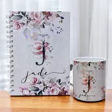 Caderno e Caneca personalizado| COM SEU NOME | Kit floral rosa | Caderno a5 Caneca de Porcelana | Envie nome no chat