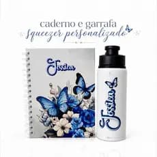 Caderno A5 personalizado com Garrafa squeezer | 200 páginas | Kit presente | Personalizado com seu nome