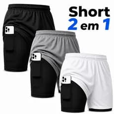 Kit 3 ou 2 Shorts 2 em 1 Masculino Dry Fit Bolso Interno Para Celular Compressão Academia Corrida