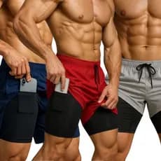 Kit 3 Shorts 2 em 1 Masculino Dry Fit Academia Corrida Bermuda Treino com Bolso Celular Interno