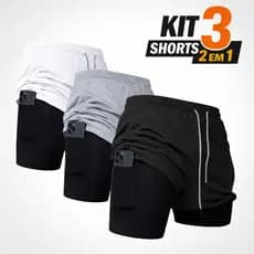 Kit 3 Shorts Dry Fit Masculino 2 em 1 Bolso Interno Celular Short Academia
