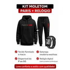 Kit Moletom Paris + Calça + Relógio Digital Unissex Com Capuz Bolso Canguru Algodão do P ao GG