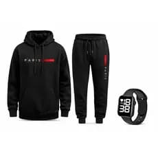 Kit Completo Moletom Paris + Calça + Relógio Digital Unissex Conjunto Algodão Com Capuz Bolso Canguru do P ao GG