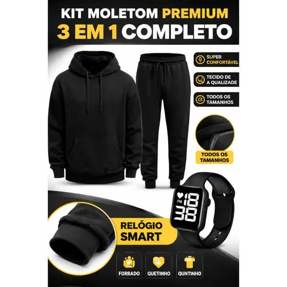 🔥 Kit Moletom + Calça + Relógio Digital Vibe Urbana Unissex Com Capuz Bolso Canguru do P ao GG