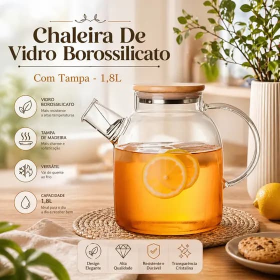 Chaleira De Vidro Borossilicato Com Tampa 1,8L Utilidades Dia a Dia Resistente Bebidas Café Mesa