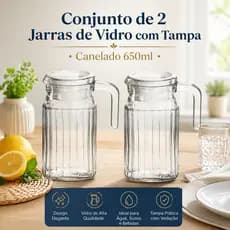 Conjunto de 2 Jarras de Vidro Resistente com Tampa Canelado 650ml Água Suco Bebidas Refrigerante