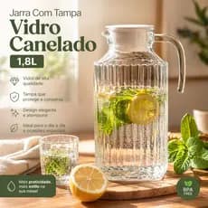 Jarra com Alça em Vidro Canelado 1,8L Tampa com Vedação Plástica Resistente Para Servir Suco Água