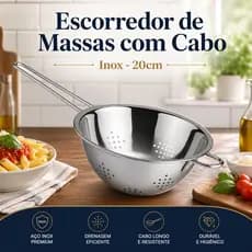 Escorredor de Massas com Cabo Inox Resistente 20cm Frutas Legumes Macarrão Dia a Dia Utilidades