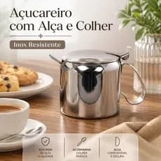 Açucareiro com Alça e Colher Inox Restaurante Bar Café Utilidades Servir Mesa Posta