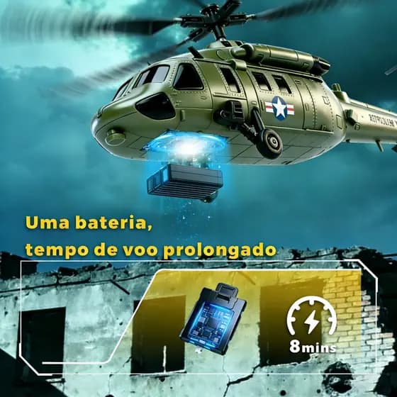 Réplica Helicóptero de Combate Controle Remoto Rotação 360° Brinquedo Colecionador Infantil