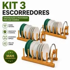 Kit 3 Escorredor Organizados Suporte Bambu Madeira Porta Prato Louça Copos
