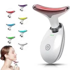 Portátil 7 cores led terapia de luz rosto pescoço massageador 3 engrenagens ajustável vibração suave anti rugas aperto