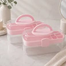 Maleta de Maquiagem Rosa Transparente Organizador Porta Cosméticos Esmaltes Pincéis com Bandeja