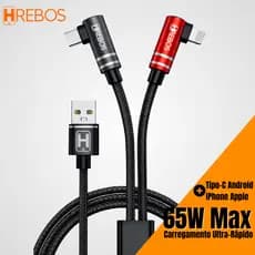 Cabo USB 2 em 1 USB C Lightning Android e iPhone Reforçado Carregamento Rápido 3.1A HREBOS