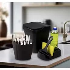 Kit Organizador de Pia Preto 4 Peças – Lixeira, Escorredor de Talheres, Porta Esponja e Rodo.