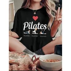 Camiseta Feminina Casual Esportiva De Algodão Com Estampa Temática De Pilates "Love Pilates"