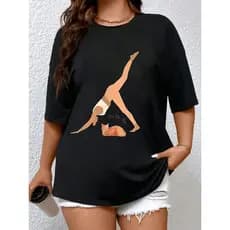 Camiseta Feminina Casual Algodão Estampa Mulher Fazendo Yoga Gato "Om Om Om" Academia T-shirt