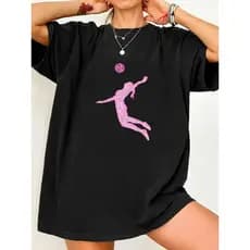 Camiseta Esportiva Feminina Casual E Confortável, Feita Em Puro Algodão, Com Estampa Rosa De Vôlei E Atleta