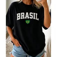Camiseta Masculina Feminina Oversized Estampa Letras BRASIL Coração Bandeira do Brasil T-shirt Streetwear Camiseta
