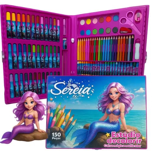 Kit Escolar Maleta de Pintura da Sereia 150 Peças Infantil Estúdio Completo Menina