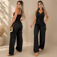 Macacão Longo Feminino Alfaiataria Social Alça Fina Com Cinto Premium Moda Feminina