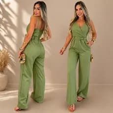 Macacão Longo Feminino Pantalona Alfaiataria Premium Social Alça Fina Com Cinto
