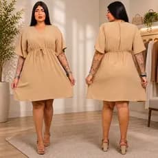 Vestido Feminino Midi Plus Size Manga Curta Gola V Com Elástico na Cintura Duna Premium Elegante