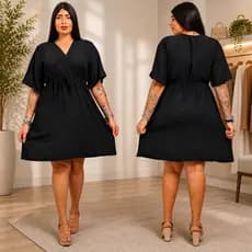 Vestido Midi Plus Size Feminino Manga Curta Gola V com Elástico na Cintura Tecido Duna