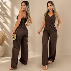 Macacão Longo Feminino Pantalona Alfaiataria Premium Social Alça Fina Com Cinto Festa Trabalho