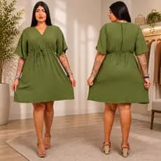 Vestido Feminino Midi Plus Size Duna Manga Curta Gola V Com Elástico Na Cintura Verão Elegante