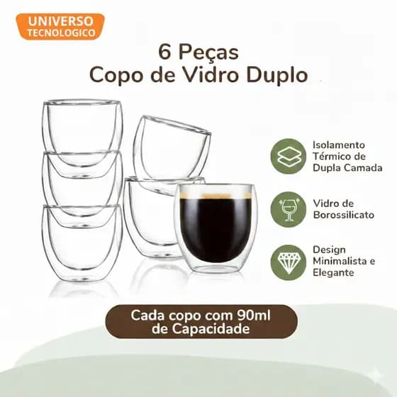 Jogo 6 copos de Café Expresso Parede Dupla 90ml - Copos de Vidro Borossilicato Térmico