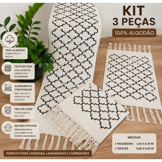 Kit 3 Peças Passadeira Cozinha Tapetes Para Cozinha Geométrica Excelente Qualidade Tecido Grosso Tear Nozinho