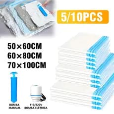 Kit 5/10 Saco a Vácuo + Bomba Elétrica 110v 220v Organização de Roupas Mala Viagem Guarda Roupas