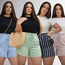 Short Viscolinho Feminino ESTAMPADO Elástico Verão BLOGUEIRA Confortável Shortinho caminhada Leve praia listras passeio