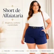 Shorts Alfaiataria Feminino Cintura Alta Plus Size com Cinto e Elástico Confortável Elegante