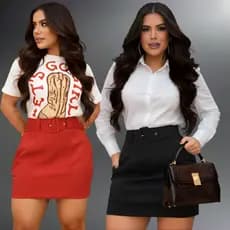Kit 2 saia alfaiataria feminino Verão saia social saia elegante saia com cinto saia moda tecido leve confortavél